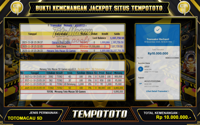 BUKTI JACKPOT TEMPOTOTO LUNAS