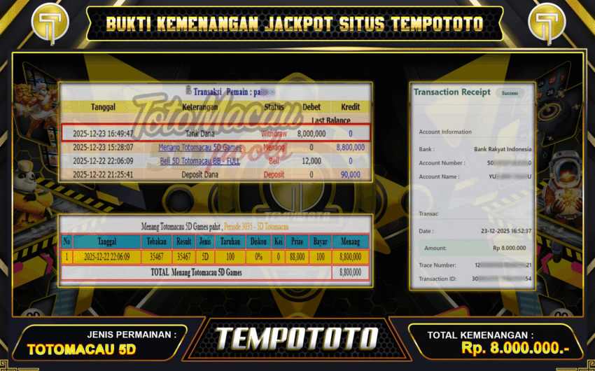 TEMBUS ANGKA TOTOMACAU 5D SEBESAR 8 JUTA DI SITUS TEMPOTOTO LANGSUNG LUNAS